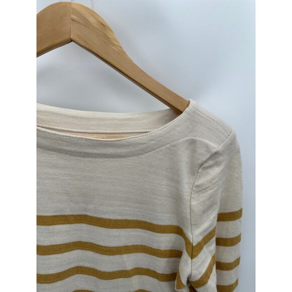 LOFT Top Women XS Cream Yellow Striped Boat Neck Long Sleeve 100% Cotton Tee - Picture 4 of 8
